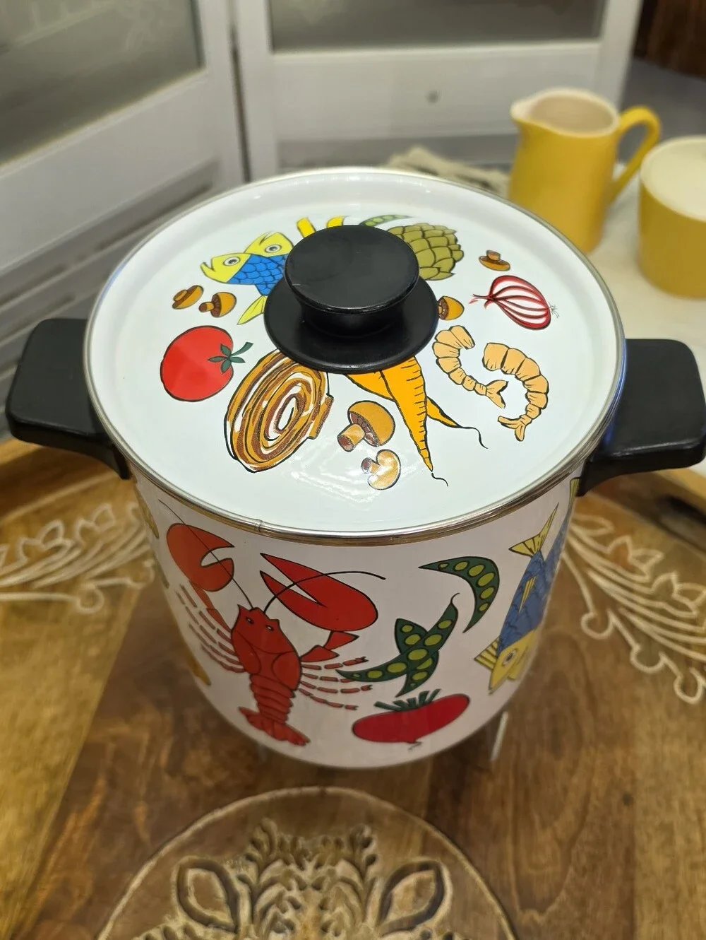 Vintage San Ignacio Nantucket 4 Qt Enamel Stock Pot Lid Spain Seafood Lobster MC